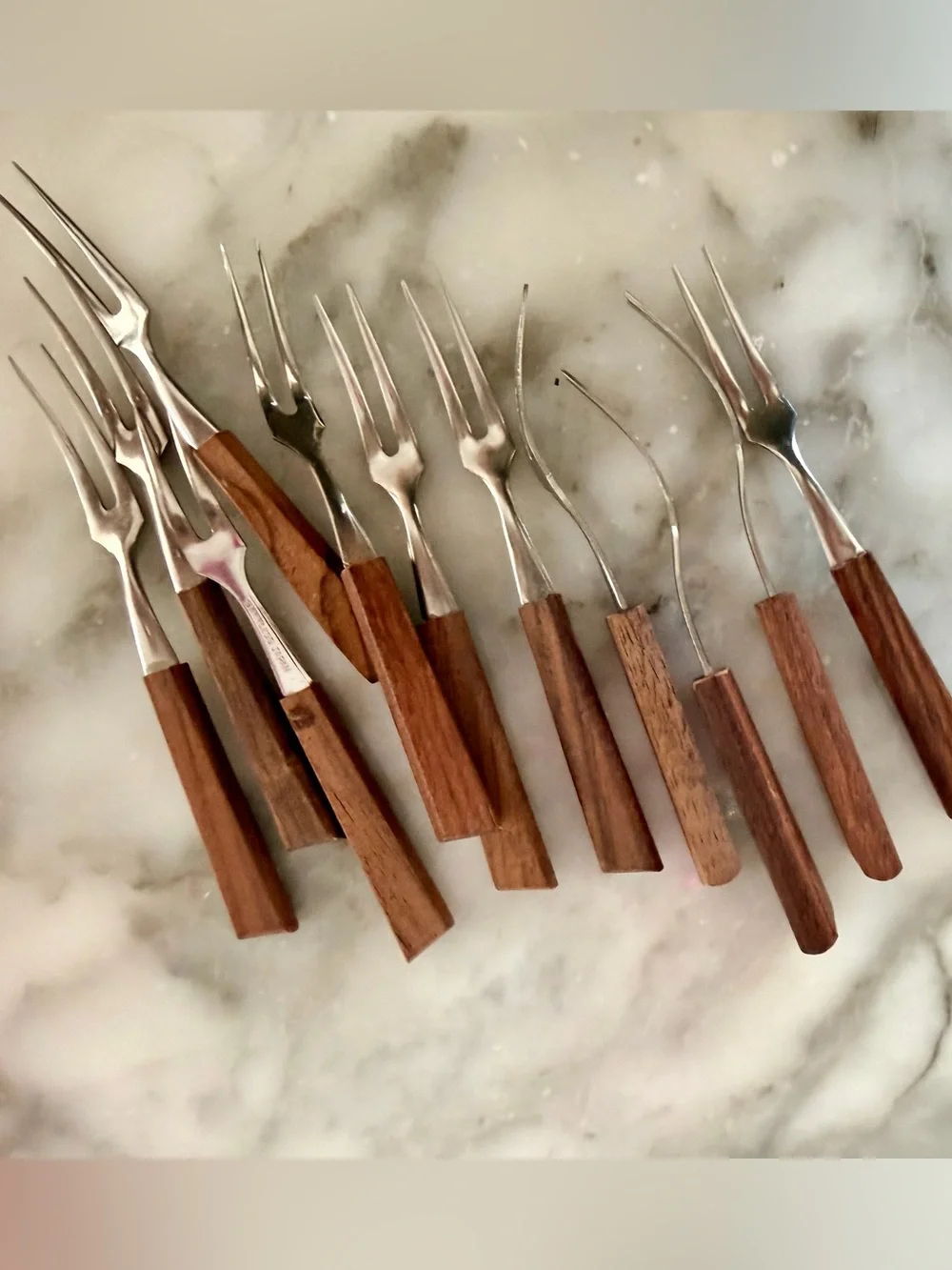 Vintage mid century modern Stainless/wood Cocktail Forks